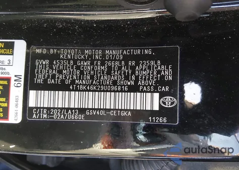 2009 Toyota Camry Xle V6 z USA, uszkodzony, nr VIN 4T1BK46K29U096816